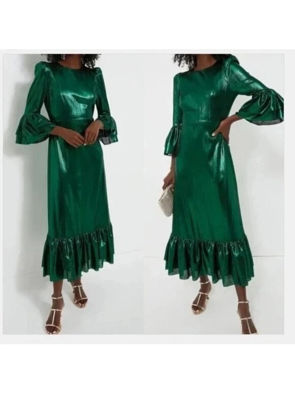 Pomander Place Emerald Crinkle Lurex Lillith Dress Metallic Green Bell Sleeve L